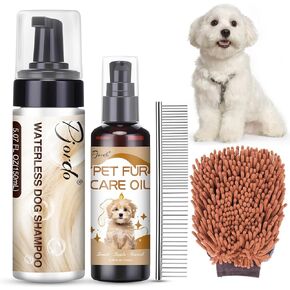 Waterless Dog Shampoo No Rinse Foam, Dog Dry Shampoo, with Pet Fur Care Oil, Pet Sensitive Glove & Stainless Steel Pets Grooming Comb, Clean Quickly, Soothe & Moisturize