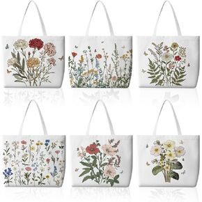 Bencailor 6 Pcs Floral Book Lovers Canvas Tote Bags Bulk Reusable Wildflowers Tote Book Bags for Women Mother's Day Gift