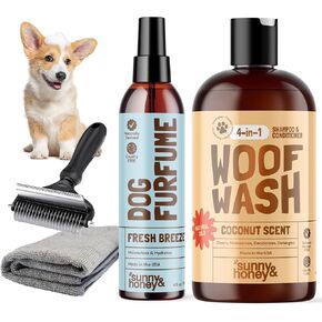 شامبو مشمس وعسل 4 -في 1 شامبو وبلسم وعطور رذاذ حزمة - ترطيب غسل الجسم - Detangling Prayerizer (Woof Coconut Wash 16oz ، Breeze Perfume 8oz)