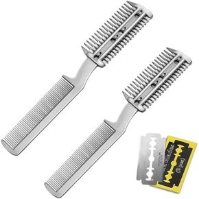 2Pcs Razor Comb for Dogs Cats with Extra Blades Double Sides Pet Razor Comb Trimming & Grooming Hair Cutter Comb Trimmer Grooming Comb for Dog Cat (Silver)