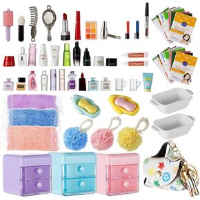 72Pcs Dollhouse Mini Jewelry Storage Case Handbag Towel Cosmetic Set Bathroom Acessories Toothbrush Shampoo Perfume Hair Dryer Comb Purse Decor DIY Doll Backpack Girl Micro Scene