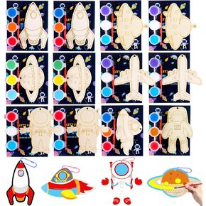 JOTIKO 12 Pack Space Theme Party Favors - DIY Keychains Wooden Arts and Crafts Coloring Painting Kits Toy for Kids, Birthday Pinata Stuffers Goodie Bag Filler Easter Stuffers Classroom Prizes Gifts