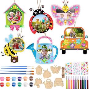 Lunmon 24 Sets Mother's Day Crafts Kit Bulk Wooden Picture Frames DIY Color Your Own Hanging Photo Frame Ornaments with Flower Gem Stickers Paint Brush for Classroom Spring Activity Arts Mom Gifts