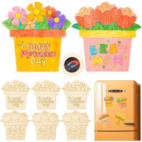 Weysat 6 Pcs Mother's Day Wood Fridge Magnet Craft Color Your Own Wooden Flower Magnets Mother's Day Flowers DIY Painting Art Crafts for Mom Birthday Gift Refrigerator Locker Decor (Cute)
