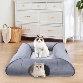 Cat Tunnel Bed, Indoor Cat Cave, Removable Cat Tunnel with Removable Soft Pad, Sturdy and Scratch Resistant, Suitable for Small and Medium Cats (Gray).