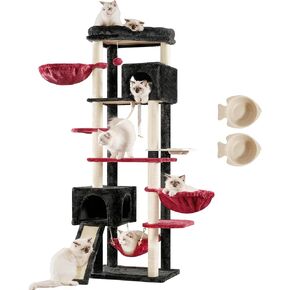 Hey-brother Cat Tree, 70.8 Inches Multi-Level Cat Tree Tower for Large Cats, Heavy Duty Cat Tower with Cat Condo,Baskets, Cat Scratching Posts, Big Hammock and Food Bowls, Smoky Gray MPJ036G