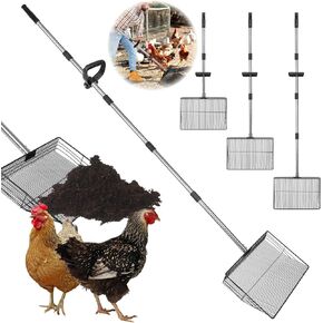 15 inch Large Chicken Poop Scooper with Ergonomic Grip, 6 in 1 Detachable Chicken Scooper for Poop Shovel (20 to 79"), Stainless Steel Sifting Shovel for Chicken Coop/Goat Stall/Stable Cleaning Tool