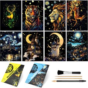 VTEAS 8-Sheet Glow in The Dark Scratch Art Rainbow Painting Paper Kit | Engraving Craft Night View Scratchboard for Teens and Adults | DIY Creative Sketching Card | ASMR Stress Relief (Animals A5)