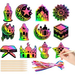 24 Pcs Ramadan Ornament Ramadan Party Favor, Eid Mubarak Party Gift Eid Craft Kit, Rainbow Scratch Paper Art Eid Mubarak Craft Kit Eid Mubarak Hanging Decoration Ramadan Kareem Moon Star Paper Pendant