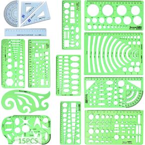 15PCS Geometric Drawings Templates, Measuring Geometry Rulers, Drafting Stencils Measuring Tools