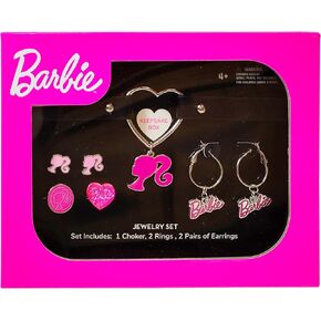 LUV HER Barbie themed 2-Piece Adjustable Ring Set, a pair of stud and hoop earrings, and a choker for Girls - Barbie Themed Charms, Universally Fitting & Stylish Gifts - Ages 4+