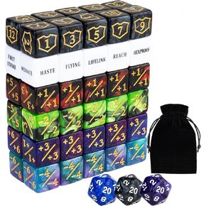 63 PCS قدرات الكلمة الرئيسية السحرية عداد النرد mtg عدادات الزهر مجموعة الحياة برتقالي الرموز D6 DICE متوافقة مع MTG ، TCG ، ملحقات ألعاب البطاقات
