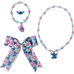 LUV HER Stitch Play Jewelry Set & Hair Bows for Girls – 3 Piece Princess Jewelry Set with Beaded Necklace, Bracelet, Ring + Large Printed Stitch Hair Bow – Ages 3+