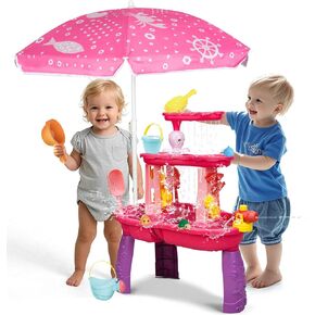 Water Table for Toddlers 1-3-5, Kids Water Table with Umbrella, Kids Toddler Sand Table for Outside Kids Ages 4-8, Pink