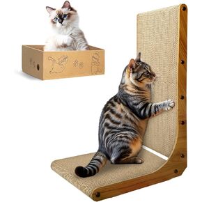AGYM Cat Scratcher, 26 inch L Shape Cat Scratching Pad for Indoor Cats, Durable Sustainable Cardboard Scratcher with Box, Recyclable Vertical Cat Scratch Pad to Protect Furniture, Large