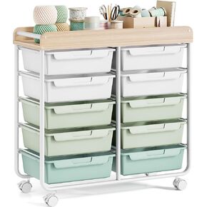 Rolling Storage Cart with 10 Large Drawers, Utility Cart with Wooden TableTop for Craft Organizers, Art Supply Storage, Home Office Organization, Cart with Wheels for Classroom, School, Green
