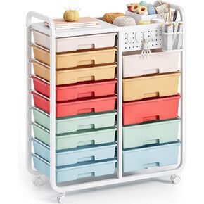 14 Drawer Rolling Cart with Tabletop & DIY Pegboard, Storage Cart with Wheels, Classroom Organizers Utility Cart for Office Home School, Art Supplies, Mobile Craft Organizer, White