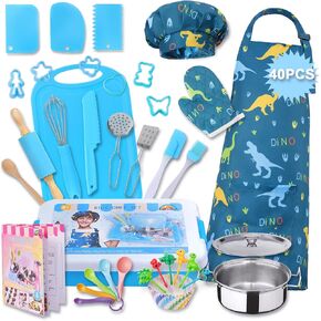 42-Piece Kids Cooking Set - Real Knife, Baking Set, Pots & Pans, Pretend Play Toys - Apron & Chef Hat for Boys