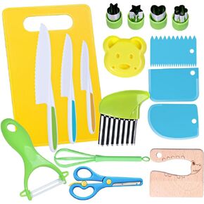 AICase 17 Pieces Montessori Toys Kitchen Tools for Toddlers-Kids Cooking Sets Real-Toddler Safe Knives Set for Real Cooking with Plastic Toddler Safe Knives Crinkle Cutter Kids Cutting Board