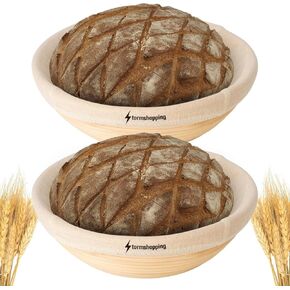 Banneton Bread Proofing Basket - Banneton Basket Set of 2 Pack 10 inch Round Sourdough Proofing Basket with Liner - Handmade Rattan Proofing Rising Bowl for Artisan Bread Making Baking Supplies