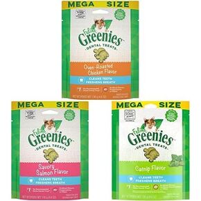 Greenies القطط الكبار CARTAL CARE CAT يعالج حزمة- الفرن الدجاج المحمص ، سمك السلمون اللذيذ ونكهات النعناع البري ، 4.6 أوقية. الحقائب