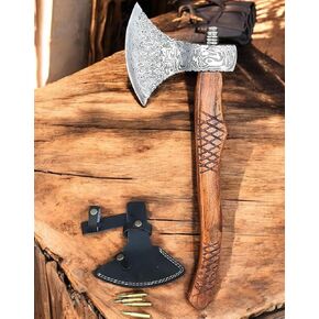 AX-7000 Custom Gift Forged Carbon Steel Viking Axe with Rose Wood Shaft, Viking Bearded Camping Axe (AX-7000) (AX-7000)