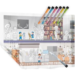 Large Dry Erase Activities Coloring Poster, 16x54, Faded Background with Transparent Coloring Areas, Adhesive-Free Whiteboard Sheet for Kids, Sticks to Any Smooth Surface, Includes 6 Markers