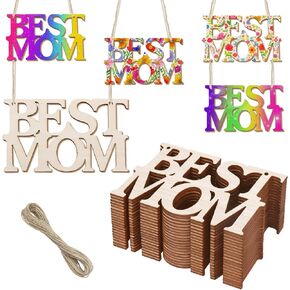 20Pcs Mothers Day Wood Crafts for Kids, Best MOM Unfinished Wood Tags, Wooden Hanging Crafts to Paint, Mother's Day Crafts Mom's Birthday Party Ornaments