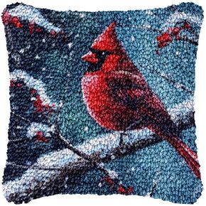Snow Cardinal Bird Latch Hook Pillow Cover Kits for DIY Handmade Throw Pillow Cross Stitch Latch Hook Pillowcase Rug Kits with Preprinted Color Pattern Canvas Crochet Yarn Kits 17''X 17''(m107)