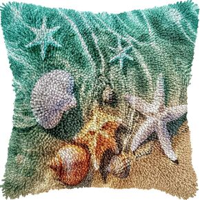 Generic Starfish Shells and Conch on Beach Latch Hook Kits 43x43cm (11 inches) Acrylic Yarn DIY Pillowcase Rug Cover Home Sofa Christmas Decor