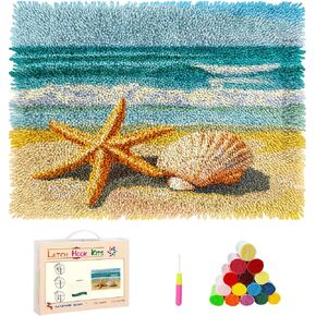 DIY Rug Latch Hook Kits Seaside Beach Starfish and Shells Stamped Non-Slip Mat Crochet Yarn Hook and Latch Emboridery Tapestry for Home Floor Decoration Pet Warm Cushion 52x38cm(3)