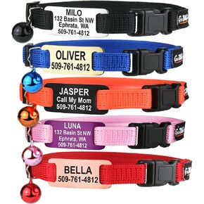 GoTags Reflective Cat Collars with Personalized Tag, Breakaway Collar with Safety Buckle Matching Bell, Engraved Custom with Name and Phone, Adjustable for Cats and Kitten, (Pink with Nameplate)