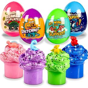 Dinosaur Butter Slime Kit for Kids – 4-Pack Colorful Butter Slimes with Glitter, Dinosaur Figurines, and Plastic Eggs – Sensory Toy, Party Favors, Birthday Gifts, Easter Basket Stuffers Fillers