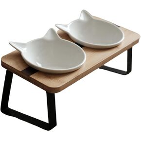 Elevated Cat Steel Bowls Stand for Food and Water, Small Dog, Anti Vomit, Indoor Cats, Tilted Feeding Position, Full Bamboo Body Stand with Food Grade, Feeding Station for Cats and Puppy