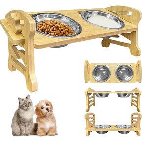 Elevated Cat Bowls, Adjustable Raised Cat Bowl Stand for Small Puppy and Cats, Sturdy Bamboo Pet Food Feeder with 2 Stainless Steel Dishes, Anti Vomitting (2 Bowls)
