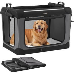 Feandrea Collapsible Dog Crate, 30-Inch Portable Dog Travel Crate for Medium Dogs, Oxford Fabric Pet Carrier with 4 Mesh Doors, Handles, Storage Pocket, Water Bottle Holder, Ink Black UPDC017B01