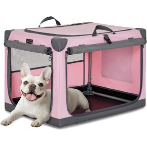 PETSFIT Travel Dog Crate, with Patented Adjustable Fabric Cover, Chewproof & Lockable Mesh Doors, Waterproof Base Portable Kennel Pink 26 Inch