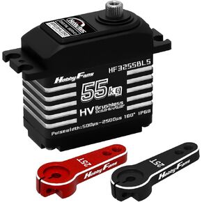 Hobby Fans RC Digital Servo, IP68 Waterproof 55KG Brushless Servo High Torque Metal Gear Servo with 2PCS 25T Servo Horn for 1/12 1/10 1/8 RC Car RC Crawler Robot Boat