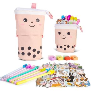 Primo Lines أسطوانية Boba Tea Kawaii Pencil حامل القلمة 61 PCS PINK STANTINARY STET STENTY BINER PINK 4 PENS PENS ، 53 ملصقات ، ملاحظات لزجة الفقاعات وممحات ممتعة ، حاضر حاضر للهدية in Kuwait