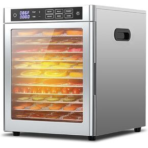 Food Dehydrator 12 Trays Stainless Steel, Food Dryer Machine for Fruit, Meat and Vegetables, with 68-194 ℉ Adjustable and 0~24 Hours Digital Time Control, Silver