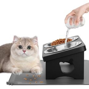 Solid Wood Elevated Cat Bowls with Silicone Food Mat, 15° Tilted Raised Cat Food and Water Dishes, Anti-Vomiting Design, 2 Stainless Steel Bowls for Cats & Small Dogs (Black)