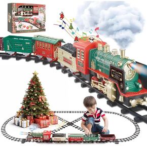 JUQU Train Set, Christmas Train with Remote Control Train Toys w/Smoke, Whistle & Lights, Christmas Train Sets for Around the Tree, Toy Train Sets for Boys, Model Trains Gifts for Age 3 4 5 6 7 8+Kids