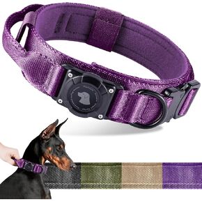 2025 Upgrade Waterproof AirTag Dog Collar, Military Tactical Dog Collar with AirTag Holder, Comfortable Control Handle and Metal Buckle, GPS Dog Collar Holder for Medium to Large Dogs (Khaki,L)