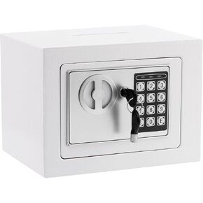 Safe Box Small Safe Box with Digital Keypad & Keys 9.05 x 6.7 x 6.7 inches Wall Safe 0.23 Cuft Mini Security Lock Safe Boxes for Coin Home Office Hotel Rooms Business Jewelry Gun (White)