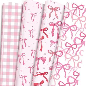 Pink Conquette Bow Wrapping Paper - 12 Sheets Coquettte Pretty Bows Valentines Galentines Wrap Paper Pink White Plaid Cute Art Birthday Gift Decor for Women Girls Wedding, 19.7 x 27.6 Inch