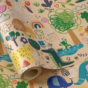 RUSPEPA Baby Shower Wrapping Paper Roll - 17 Inches x 16.4 Feet - Cute Animal Design on Kraft Paper - Ideal for Baby Boy or Neutral Gift Wrapping, Kids' Birthday Party and Baby Shower