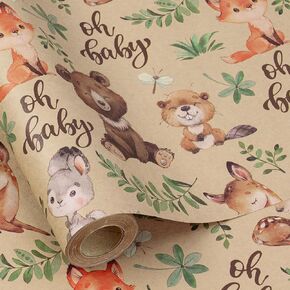 RUSPEPA Jungle Animal Wrapping Paper Roll, Mini Roll, Woodland Animal Design with Oh Baby Text Design Kraft Gift Wrap for Baby Shower, Newborn Gifts and Gender Reveal, 17 Inches x 9.8 Feet