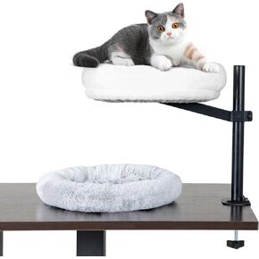 Cat Bed Desk -Attachment Round Cat Hammock for Desk 360° Rotating & Adjustable for Home Office and Study Rooms (White & Gray)