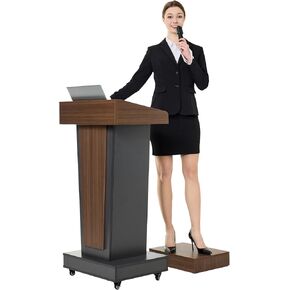 Wooden Podium Stand with Footrest, Rolling Lectern with Storage, 23.6" Desktop, Built-in Cable Holes, Sturdy Base, Mobile Pulpit for Churches, Conferences & Classrooms