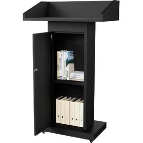 Black Metal Podium Stand with Wheels for Lectern Presentation, Heavy-Duty Metal Pulpits for Churches, Classrooms and Conferences, Scratch-Resistant Surface, Hidden 2-Tier Storage, 46.5"H